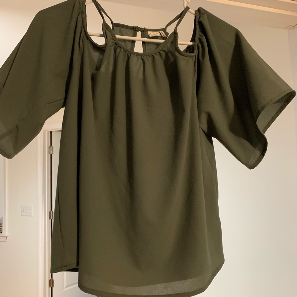 Olive paper crane shoulder-less top.